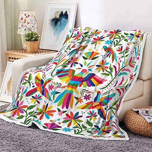 Mexico Floral Throw Blankets, Traditional Mexican Bluebird Otomi Style Bright Pattern Cozy Warm Bed Couch Blanket, Paisley Flowers Ethnic Color White Fleece Flannel Throws Decorate Room and Bedroom - color: Mexico, size: 50X60
