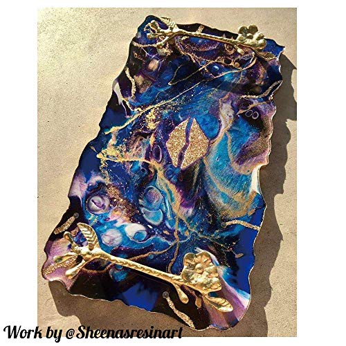 RESINWORLD Set of 2 Size 14‘‘ & 12'' XL Large Serving Tray Silicone Molds Epoxy Resin Geode Tray Mold with Gold & Silver Handles (Rectangle)