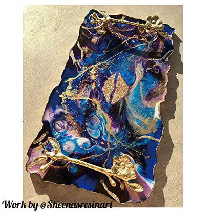 RESINWORLD Set of 2 Size 14‘‘ & 12'' XL Large Serving Tray Silicone Molds Epoxy Resin Geode Tray Mold with Gold & Silver Handles (Rectangle)