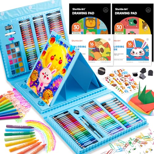 Shuttle Art 335 Piece Kids Art Set, Multi-Media Art Supplies, Gift Art Kit with Trifold Easel, 2 Drawing Pads, 2 Coloring Books, Oil Pastels, Crayons, Watercolors, Markers, Colored Pencils (Blue) - color: Blue-335 Piece
