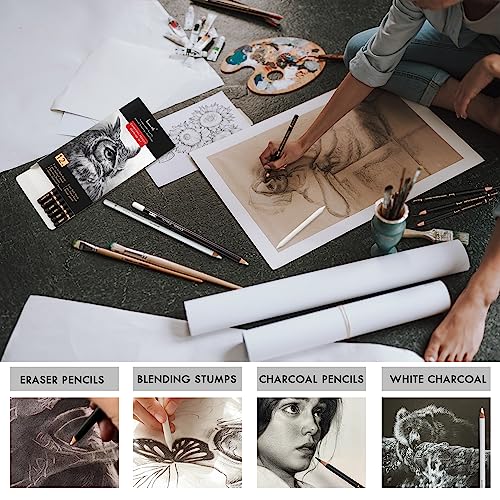 Brusarth Charcoal Drawing Set, 12 pcs Black charcoal pencils | White Charcoal Pencils, Eraser Pencils, Blending Stumps for Drawing, Sketching, Shading, Artist Pencils for Beginners - color: Black