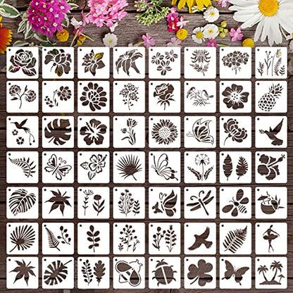 Augshy 56 Pack Flower Stencils for Painting, Butterfly and Bird, 3 Inch | Flower Butterfly Bird Stencils, for Wood Wall Floor Decor, DIY Rock Dot Painting, Art Projects - style: Flowering Plants