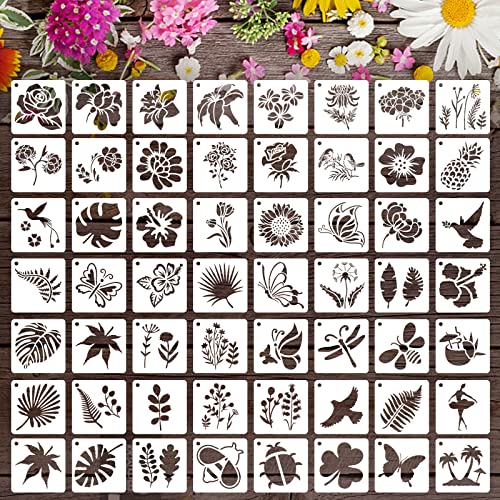 Augshy 56 Pack Flower Stencils for Painting, Butterfly and Bird, 3 Inch | Flower Butterfly Bird Stencils, for Wood Wall Floor Decor, DIY Rock Dot Painting, Art Projects - style: Flowering Plants