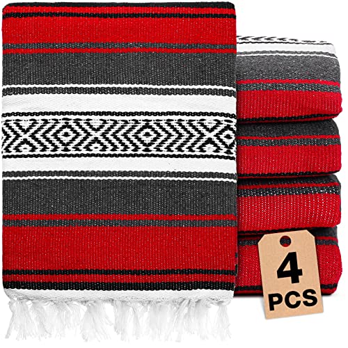 Oudain 4 Pcs Mexican Blankets Bulk Handwoven Mexican Yoga Blanket Towel Colorful Falsa Serape Woven Throw Blanket Boho Beach Blankets for Outdoor Camping Beach Picnic Travel Home(Red) - color: Red