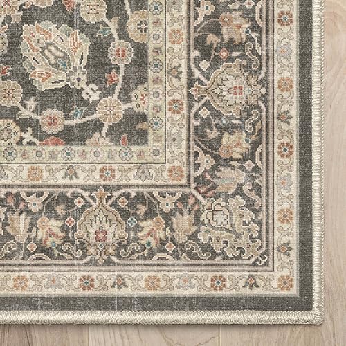 Well Woven Custom Size Hallway & Stair Runner- Asha Rome Charcoal Brown 26 Inches Wide Super Thin Long Runner (26" x 2' Runner) Rug - Floral, Easy Clean, Floor-Friendly Backing - size: 2'2" x 2' (Runner)