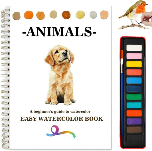 Watercolor Workbooks Coloring Book Beginner Friendly Painting Kit Easy Nature Scenes Paint Set Art Crafts for Creative Exploration Gift for Adults (Animals, with Palette) - color: Animals, size: with Palette