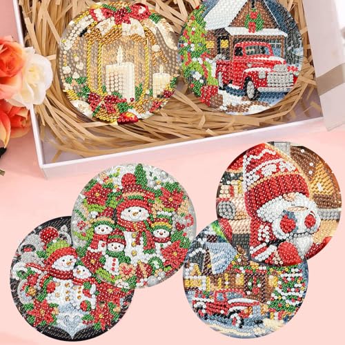 mrpwnle 8 Pcs Diamond Art Coasters Christmas Diamond Painting Coasters | Christmas Diamond Art Coasters Kit for Adults Christmas Diamond Painting Coasters with Holder DIY Diamond Dots for Gift Life - color: Christmas Coasters