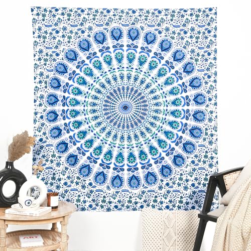 RAJRANG Peacock Tapestry Cotton Wall Hanging Hippy Tapestries Hippie Beach Throw College Dorm Decor Bohemian Boho Bedsheet 50 x 60 Inches - color: Sky Blue, size: 60"L x 50"W