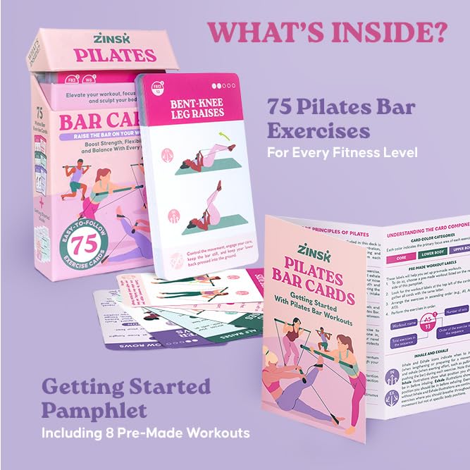 Zinsk 75 Pilates Bar Exercise Cards – Create Home Workouts that Sculpt and Tone – 3" x 5" Cards with Full Instructions – Includes Getting Started Pamphlet with 8 Pre-Made Routines