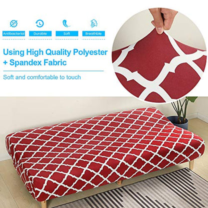 MIFXIN Armless Sofa Cover Futon Slipcover Stretch Elastic Folding Sofa Bed Non-Armrest Couch Furniture Protector Printed Washable Sofa Cover Without Armrests (Red+White) - color: Red+white