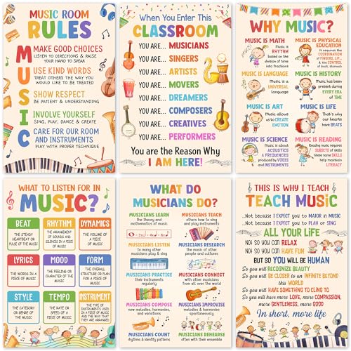 Lalunia 6 Pcs Music Classroom Posters (11"x16") - Why Music Classroom Rules Posters for Bulletin Board Decorations, Teacher Supplies, Musical Education Decor for Elementary Middle School - color: Music
