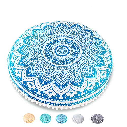 Mandala Life ART Yoga Decor Floor Cushion Cover - Round Meditation Pillow Case - Hand Printed Organic Cotton Pouf - color: Blue Lotus