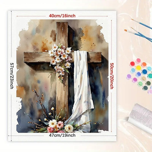 Religious Paint by Numbers Kit for Adults - DIY Cross with Flowers and Cloth Painting on Canvas 16x20 Inches, Acrylic Paint Set, Suitable for Beginners, Religious Art for Home Decoration or Gifts - color: TCXY05330, size: 16X20IN Folded