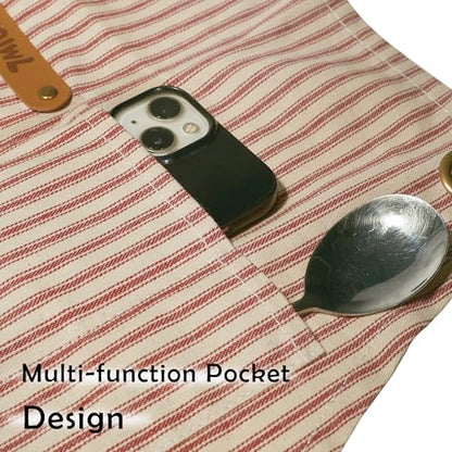 Professional Unisex Chef Apron – Cross-Back, Large Pockets, Water-Resistant Cotton Canvas - color: Red Strap