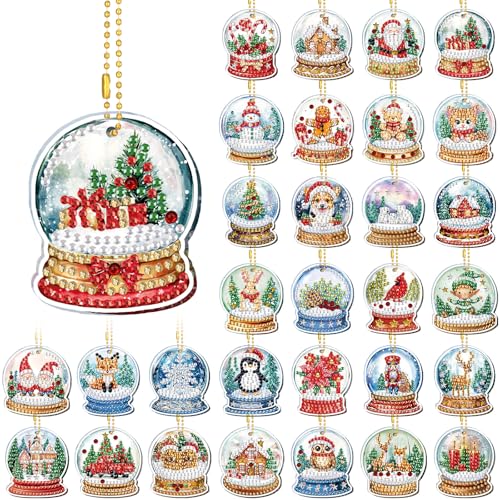 WILLBOND 30 Pcs Christmas Diamond Art Keychain Kits for Adults | Christmas Diamond Art, Double Sided, DIY Crystal Ball Diamond Painting Keychain Ornaments Kits for Adults Crafts Gifts Decor - color: Crystal Ball