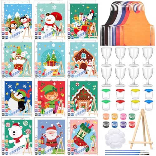 Sherr 96 Pcs 12 Sets Pre Drawn Canvas Kit for Painting Craft Sip and Paint Kit for Adults Pre Printed Canvas Painting Favor for DIY Birthday Gifts Adult's Date Party, 8 x 10 Inches(Christmas) - style: Christmas
