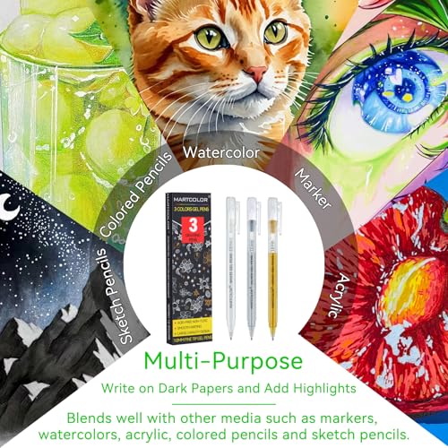 MARTCOLOR Gold Silver White Gel Pens, 3 Pack 1.0mm Fine Point Gel ink Pens | Opaque Archival Ink Pen for Black Paper Drawing, Art Highlight, Illustration, Bullet Journaling, Card Making & DIY Projects - style: Gold Silver White - 1.0mm