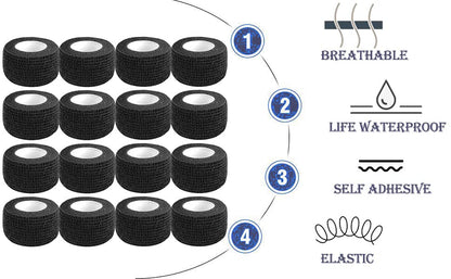 Self Adhesive Bandage Wrap,1 Inch Black Cohesive Bandages, Vet Wrap | CIYAGPOOU 5 Yards 16 Pack Elastic Flexible Tattoo Sports Tape Bulk for First Aid Supplies - color: 1 Inch Vet Wrap (16 Pack Black)