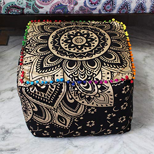 CRAFT KALA Mandala Meditation Floor Pillows Cover Square Pillow Seating Hippie Decorative Adults Bohemian Cushion Cover Outdoor Living Room Throw Ottoman Poufs Cover 20X20X14 inches, Black Gold Flower - color: Black Gold Flower, size: 20x20x14 inches