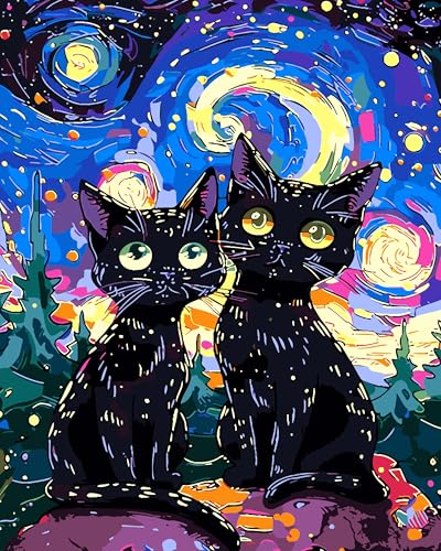 FILASLFT Paint by Numbers for Adults Beginner Two Black Cats,Starry Night Acrylic Digital Oil Painting Canvas Kits with Paintbrushes,Easy Number Painting for Adults for Home Wall Art Decor(16x20inch) - color: B-002-Starry Night Cat