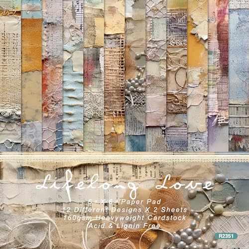 Vintage Junk Journal Paper Pad, 6 x 6 Inch Shabby Chic 160gsm Cardstock, 24 Sheets Retro Pearl & Tattered Letter Craft Paper for Anniversary Cards, DIY Scrapbooking - color: R2351 - 6×6