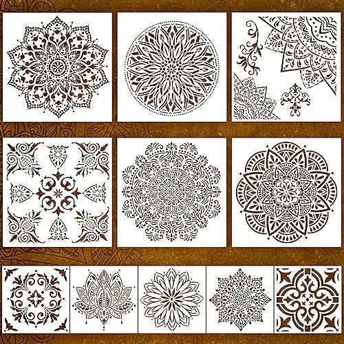 11 Pc Large Mandala Stencils for Painting - Stencils for Crafts Reusable for Floors, Tile & Wood - Rangoli Stencil -Wall Stencils for Painting Large Pattern - Paint Stencil Template 12 inch & 6 inch
