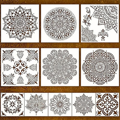 11 Pc Large Mandala Stencils for Painting - Stencils for Crafts Reusable for Floors, Tile & Wood - Rangoli Stencil -Wall Stencils for Painting Large Pattern - Paint Stencil Template 12 inch & 6 inch