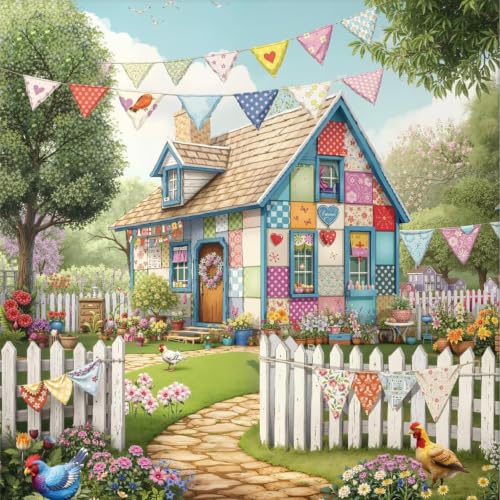 DAZZLEDOTS Diamond Art Kit Colorful Cottage House Round Diamond Painting | Flower Garden Chicken Diamond Art Kits DIY Full Drill Paint by Diamonds Dot Gem Art for Home Wall Decor 14 x 14Inch - color: DT131