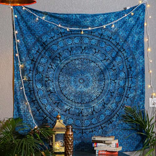 Craft Trade Indian Cotton Mandala Wall Hanging Tapestry for Aesthetic Boho Hippie Living Room, Meditation & Bedroom Décor - Blue - 30x40 Inches - color: Blue, size: 30"L x 40"W