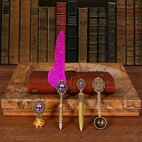 Aifeiter Feather Pen and Ink Set, Quill Pen Set, Wax Seal Stamp Set, Feather Calligraphy Pen Set, Beautiful Gift Calligraphy Set, Christmas Gifts - Purple - color: Purple