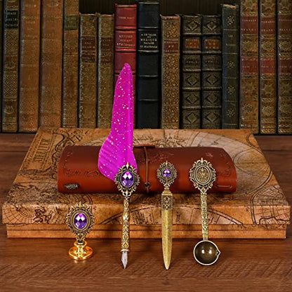 Aifeiter Feather Pen and Ink Set, Quill Pen Set, Wax Seal Stamp Set, Feather Calligraphy Pen Set, Beautiful Gift Calligraphy Set, Christmas Gifts - Purple - color: Purple