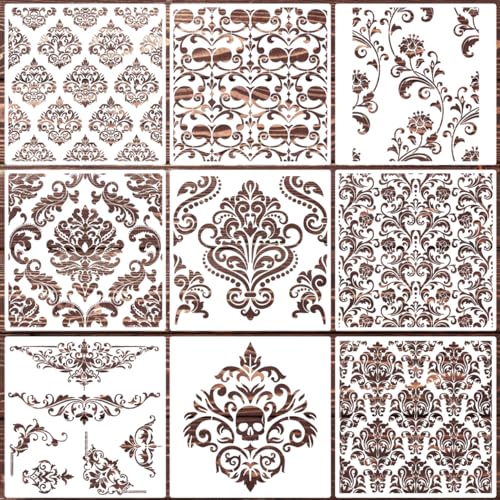 Damask Stencils for Walls Stencils for Painting Large Pattern 12inch | Damask Stencil Texture Mixed Medium Layering Templates for Painting on Wood Furniture Canvas Paper Fabric - style: Damask