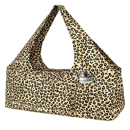 Yoga Mat Bag - Large Yoga Bag with Yoga Mat Strap, Zipper and Pockets - Yoga Bags and Carriers Fits All Your Stuff - Personalized Yoga Mat Bags for Women Fits Most Size Mats - color: Leopard Print