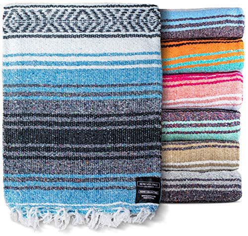 Benevolence LA Authentic Mexican Blanket – Handwoven Falsa Serape Throw – Beach, Camping, Picnic & Yoga Blanket – Lightweight Cotton Throw for Outdoor & Home – Sky Blue, 50x70 in - color: Sky Blue