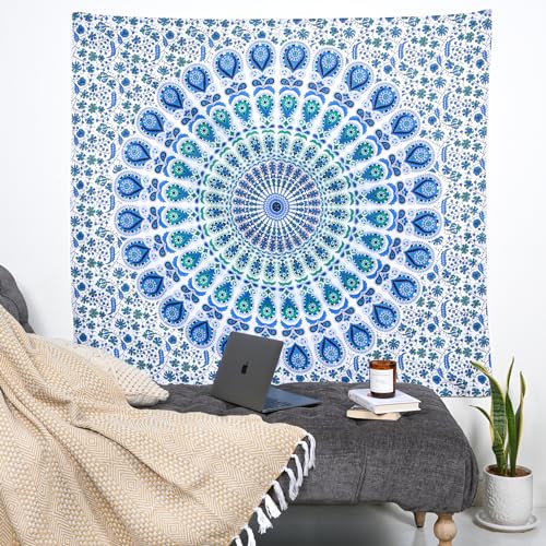 RAJRANG Peacock Tapestry Cotton Wall Hanging Hippy Tapestries Hippie Beach Throw College Dorm Decor Bohemian Boho Bedsheet 50 x 60 Inches - color: Sky Blue, size: 60"L x 50"W