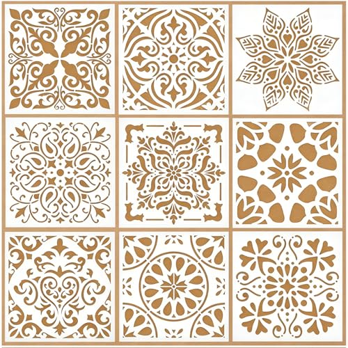 9 Pcs Mandala Stencils for Painting Reusable Plastic 6×6 Inch Mandala Dot Stencils Drawing Templates for Crafts DIY Wall Canvas Notebook Knit Card Wood