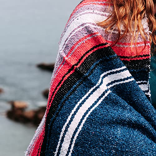 Open Road Goods Mexican Diamond Blanket - XL Heavyweight Yoga Blanket – Handmade in Mexico - Thick Boho Serape Saltillo Style Throw for Beach, Picnic, Home, Camping and More! (Aegean Blue & Pink) - color: Aegean Blue & Pink