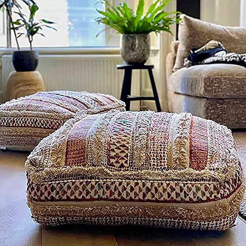 Mandala Life ART Bohemian Floor Cushion Cover - Pure Wool and Cotton Mix - 24x24x8 inches -Filler not Included - Artisan Hand Embroidery Patch Work - Boho Chic Luxury Moroccan Pouf Cover - color: Jaipur