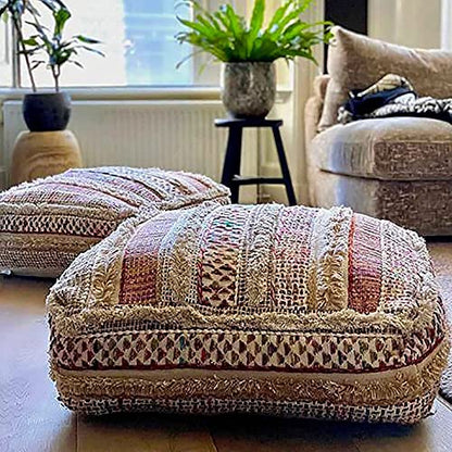 Mandala Life ART Bohemian Floor Cushion Cover - Pure Wool and Cotton Mix - 24x24x8 inches -Filler not Included - Artisan Hand Embroidery Patch Work - Boho Chic Luxury Moroccan Pouf Cover - color: Jaipur