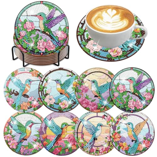 8 Pcs Diamond Art Coasters, DIY Hummingbird Diamond Painting Coasters 4×4in | Diy Diamond Painting Coasters With Cork Pads, Non Slip Diamond Art Kits For Adults-Crafts Supplies For Gift Home Decor - color: Pink Coasters