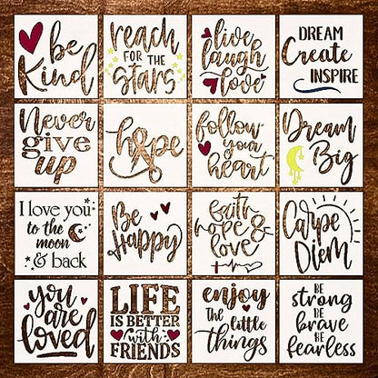 16 Piece Inspirational Word Stencil Set - Stencils for Painting on Wood, Canvas - Quotes Include Dream, Faith Hope Love - Stencils for Crafts Reusable for Signs and Fabric - size: 8 Inch Inspirational