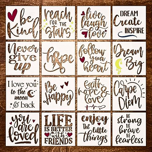 16 Piece Inspirational Word Stencil Set - Stencils for Painting on Wood, Canvas - Quotes Include Dream, Faith Hope Love - Stencils for Crafts Reusable for Signs and Fabric - size: 8 Inch Inspirational