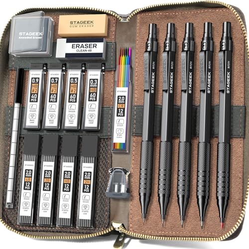 STAGEEK 20Pcs Black Metal Mechanical Pencil Set with Leather Case | 5PCS Art Drafting Pencils, 0.3, 0.5, 0.7, 0.9, 2.0MM Drawing Pencils, 9 Tube (4B 2B HB 2H Colors) Lead Refills, Erasers - color: Black, style: 0.3 0.5 0.7 0.9 2.0