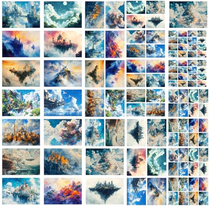 Decoupage Paper Pack (35 Sheets 6"x8") Floating Castles Dreamscape ~ Fantasy Paintings of Majestic Castles in Clouds, Floating Islands, and Surreal Sky Kingdoms in Luminous Fantasy environments - color: Nine