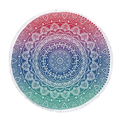 Oversize Round Mandala Beach Towel Blanket, Circle Microfiber Bohemian Boho Quick Dry Super Water Absorbent Towel, Hippy Gypsy Yoga Mat Picnic Table Mediation Throw Tapestry with Tassel Ultra ,59” - color: Green Pink Mandala Beach Towel