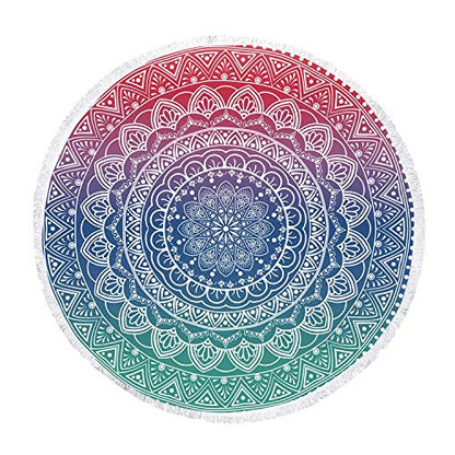 Oversize Round Mandala Beach Towel Blanket, Circle Microfiber Bohemian Boho Quick Dry Super Water Absorbent Towel, Hippy Gypsy Yoga Mat Picnic Table Mediation Throw Tapestry with Tassel Ultra ,59” - color: Green Pink Mandala Beach Towel