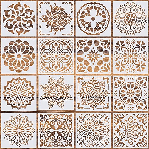 16 Pcs Mandala Stencils, 6 x 6 Inch Reusable Painting Templates for Crafts | Pet Material, Smooth Edges, Geometric Layering Designs, Washable, for Wood, Walls, Fabric, Floor, Window, Cards and Drawing - style: Mandala Stencils-1