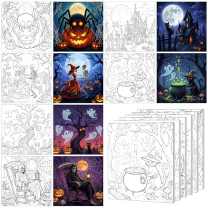 Honoson 6 Pcs 6 Inch Pre Drawn Canvas Paint Kit, Halloween | Stretched Canvas Boards, Pre Drawn Outlines, Painting Supplies for Adult Beginners And Parties - style: Halloween