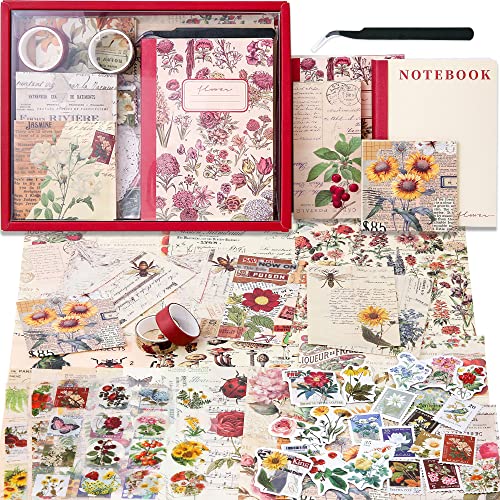 emmoolife Vintage Aesthetic Scrapbooking Supplies Kit, Flowers Botanical Bullet Junk Journal Kit with Journaling Supplies, Tweezers, A6 Grid Notebook,Stationery,Sticker, Birthday Craft Gift for Adult - color: Flower