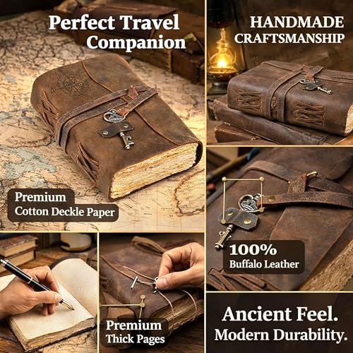 cuero Compass Vintage Leather Journal Antique Handmade Bound Journal with Deckle Edge Paper Diary Leather Sketchbook Drawing Journal Notebook Great Gift Men & Women (6X8 Inch) - size: 8 inch by 6 inch